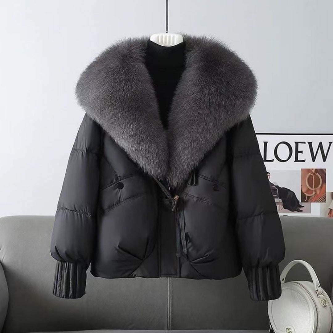 Women nan short padded jacket with voluminous faux fur collar and waist draw