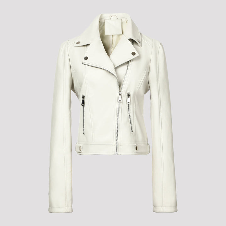Women short fitted biker jacket made of Nappa leather with asymmetrical zip