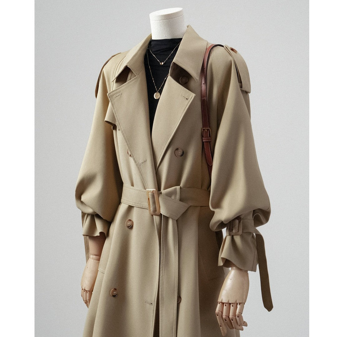 Women Long Double-Breasted Trench Coat with Shawl Collar, Oversized Cut and Concealed Waistband