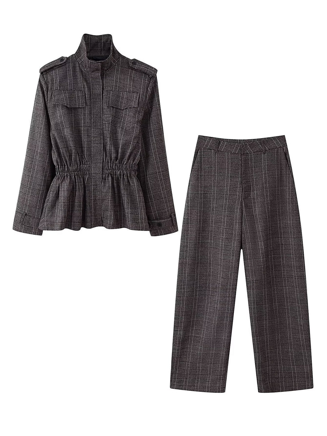 Women Tailored Transitional Jacket with Drawstring Waist and Stand-Up Collar