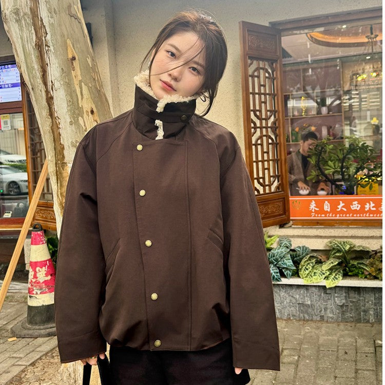 Ladies Short Oversize Boxy Jacket with Teddy Collar and Snap Button Closure