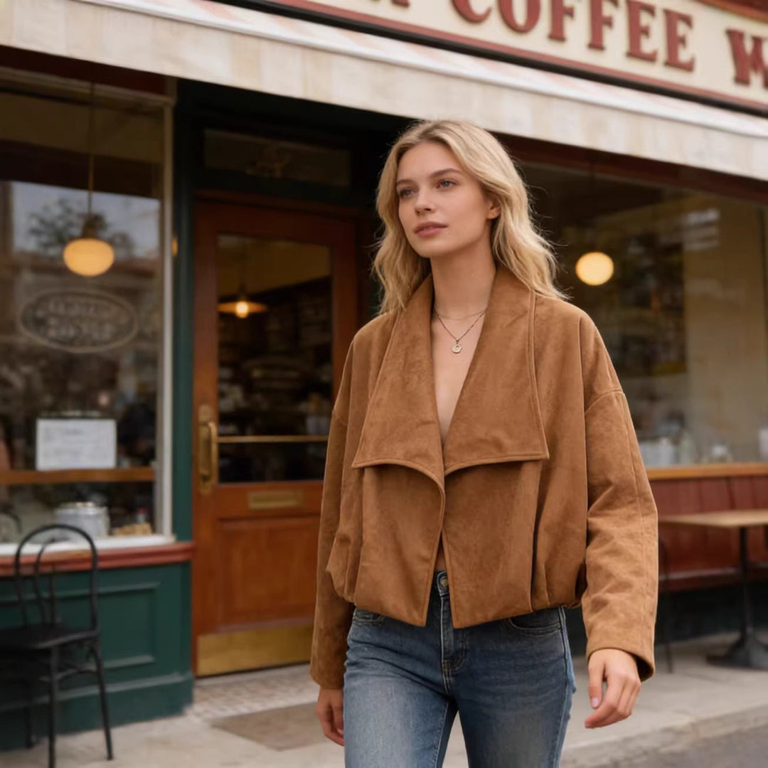 Women’s short jacket in waterfall look with soft velour finish and wide shawl collar