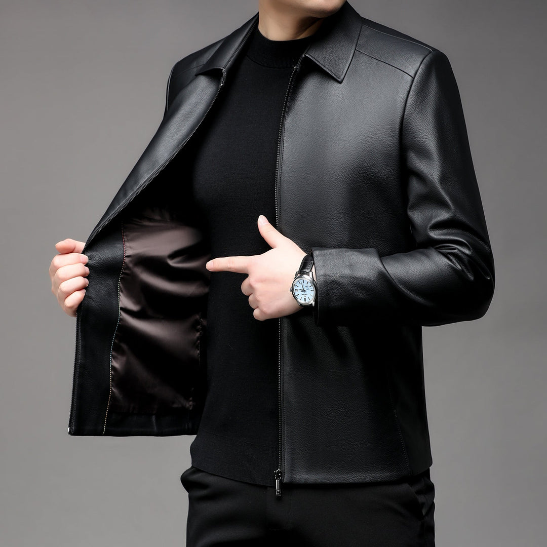 Men Smooth Faux leather Zip Jacket with Shirt Collar and Slim Silhouette