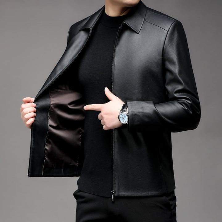 Men Smooth Faux leather Zip Jacket with Shirt Collar and Slim Silhouette