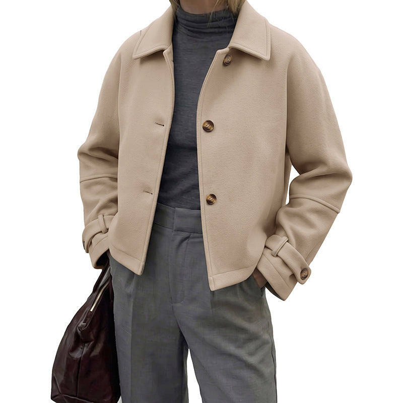 Women Short Cut Wool Blend Boxy Coat with Shirt Collar and Adjustable Cuffs