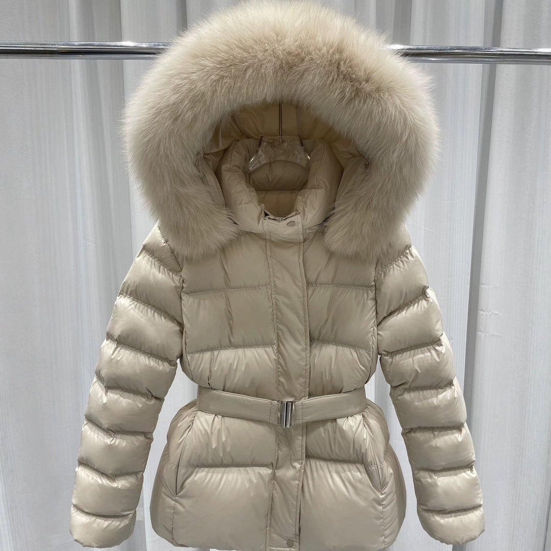 Women Tailored Quilted Puffer Jacket with Belt, High Collar and Removable Fur Trim