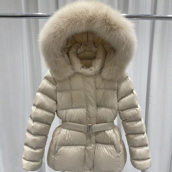 Women Tailored Quilted Puffer Jacket with Belt, High Collar and Removable Fur Trim