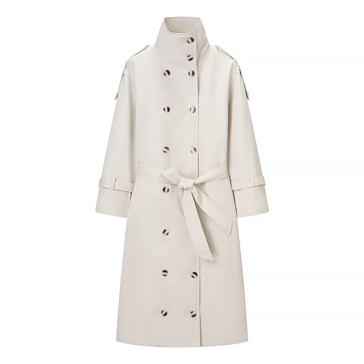 Women Longer double-breasted trench coat with high stand-up collar and waist belt
