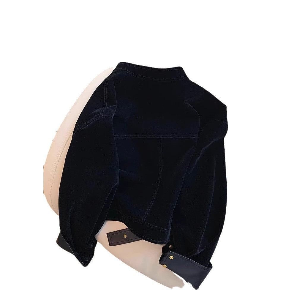 Ladies Stylish Velvety Transitional Jacket with Leather Accents