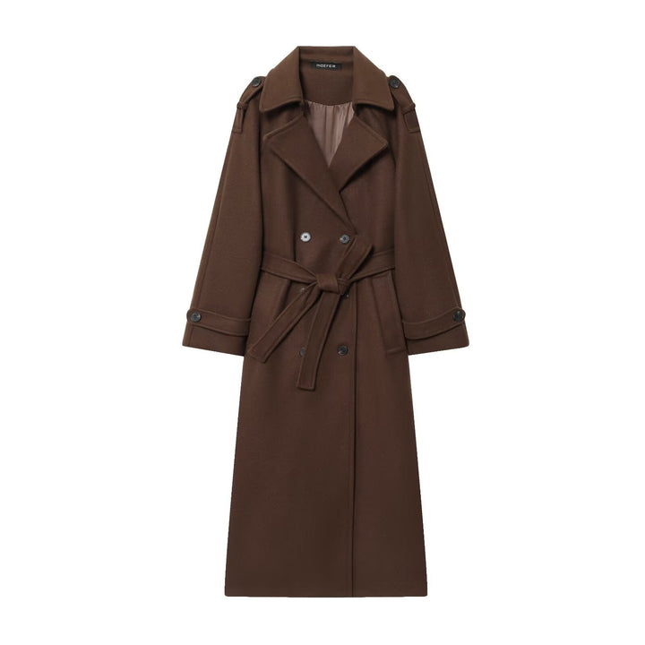 Women Long Double-breasted Trench Coat with Belt and Shoulder Straps