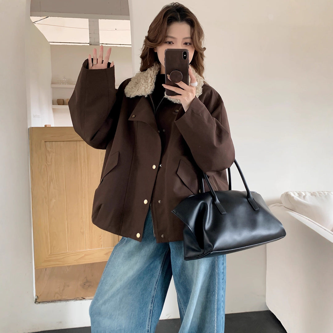 Women Oversize Utility Jacket with High Teddy Collar and Snap Button Placket