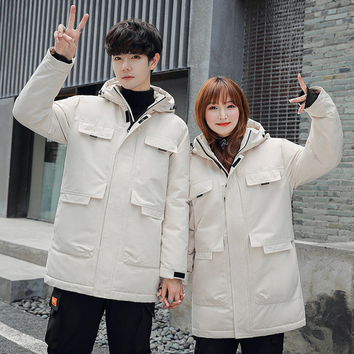 Unisex Padded Long Parka with Hood Multi-Pockets and Windproof Thermal Insulation