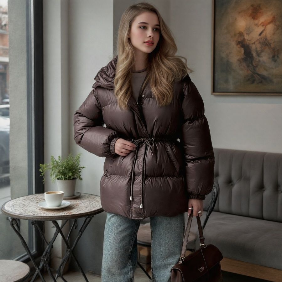 Women Tailored Quilted Jacket in Down Look with Drawstring and Hood