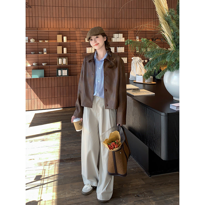 Women Short Boxy Leather Jacket with Shirt Collar