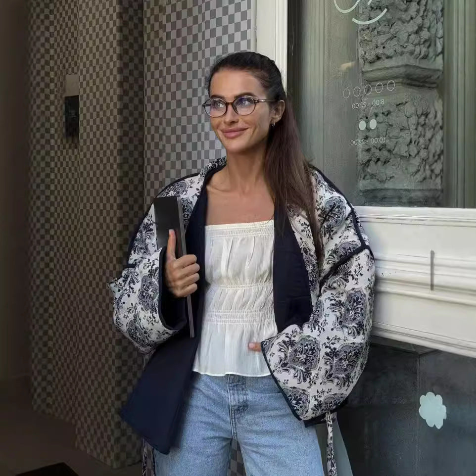 Women padded kimono jacket with waist belt and ornamental print