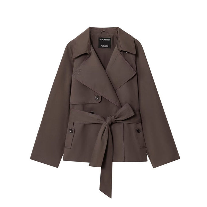 Ladies Cropped Trench Coat with Shawl Collar, Tie Belt and Flap Pockets