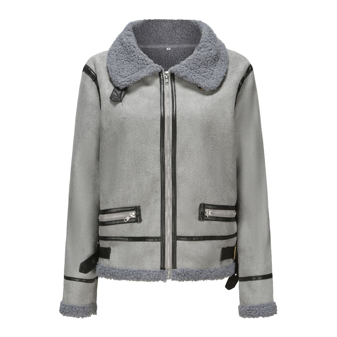 Women Short Cut Aviator Sheepskin Imitation Jacket with Teddy Lining and Faux Leather Trim