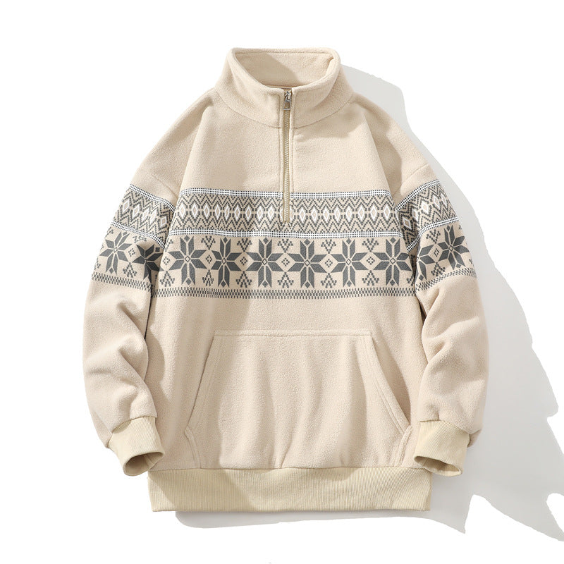 Unisex Norwegian pattern fleece jacket with stand-up collar, all-round zip and drawstring