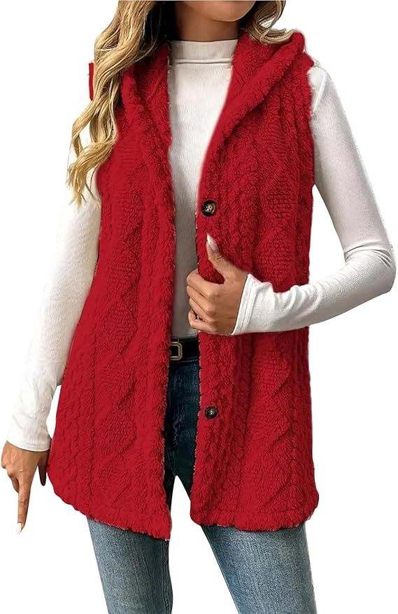 Women Fleece Lined Teddy Vest with Hood and Button Closure