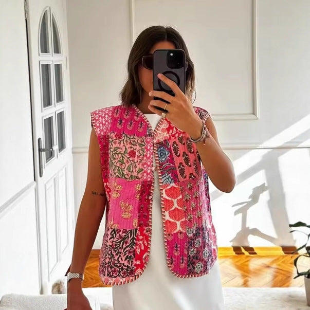 Ladies Quilted Waistcoat with Toile Print, Striped Lining and Drawstring
