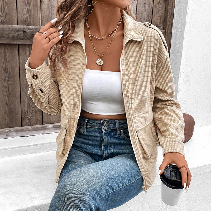 Women Lightweight Waffle-Structure Zip Jacket with Shirt Collar, Shoulder Patches &amp; Flap Pockets