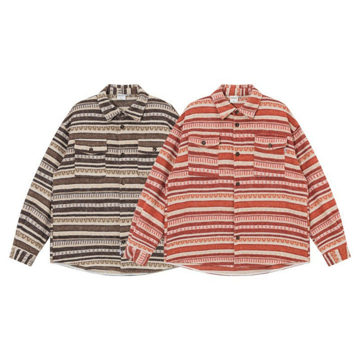 Unisex Oversize Knit Shirt Jacket in Ethnic Stripe Pattern with Flap Pockets
