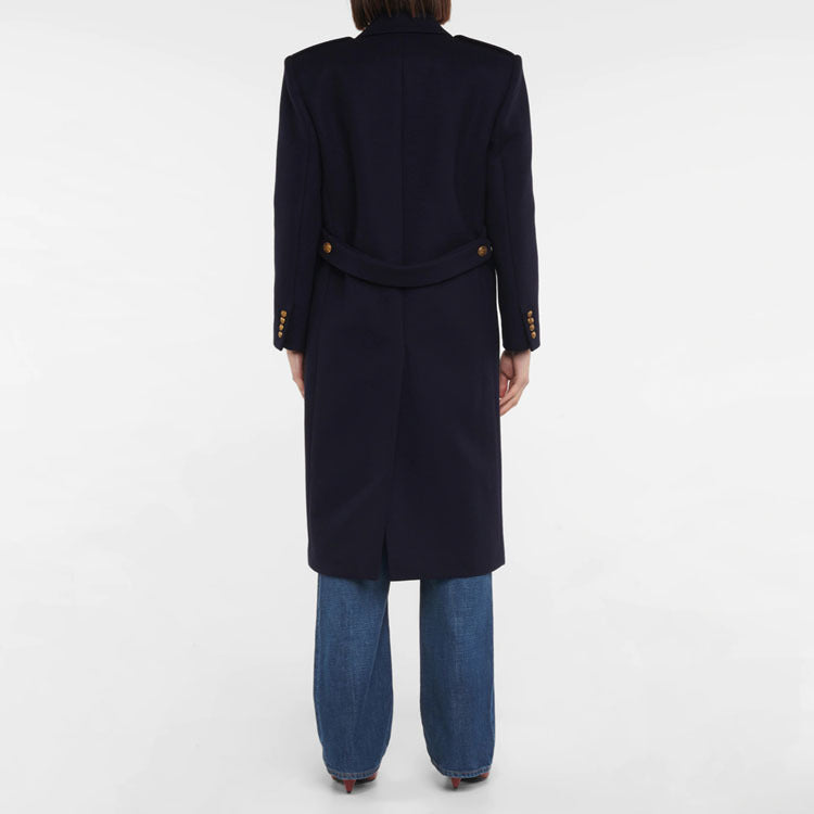 Women Double-breasted Wool Blend Long Coat with Epaulettes and Structured Tailoring Silhouette