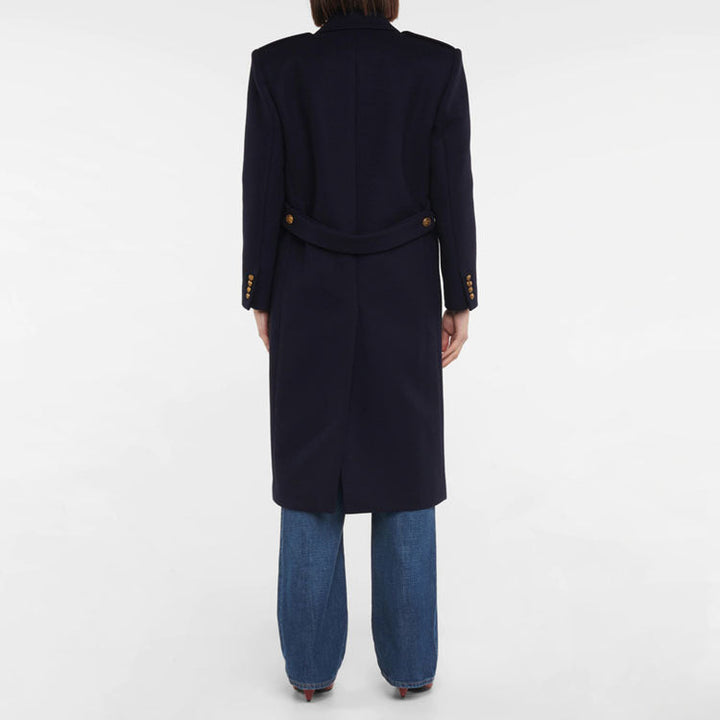 Women Double-breasted Wool Blend Long Coat with Epaulettes and Structured Tailoring Silhouette