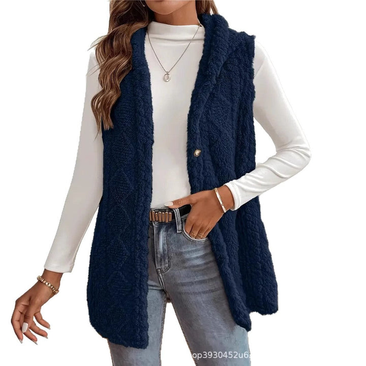 Women Fleece Lined Teddy Vest with Hood and Button Closure