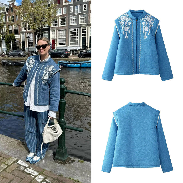 Women Quilted Linen Look Stand Collar Jacket with Folk Chest Embroidery &amp; Patch Pockets