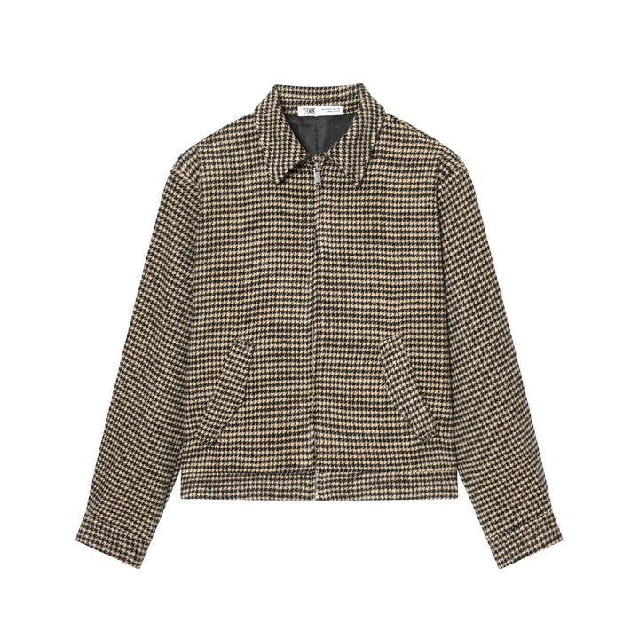 Women Boxy Short Jacket made of Wool Blend with Houndstooth Pattern, Zip and Shirt Collar