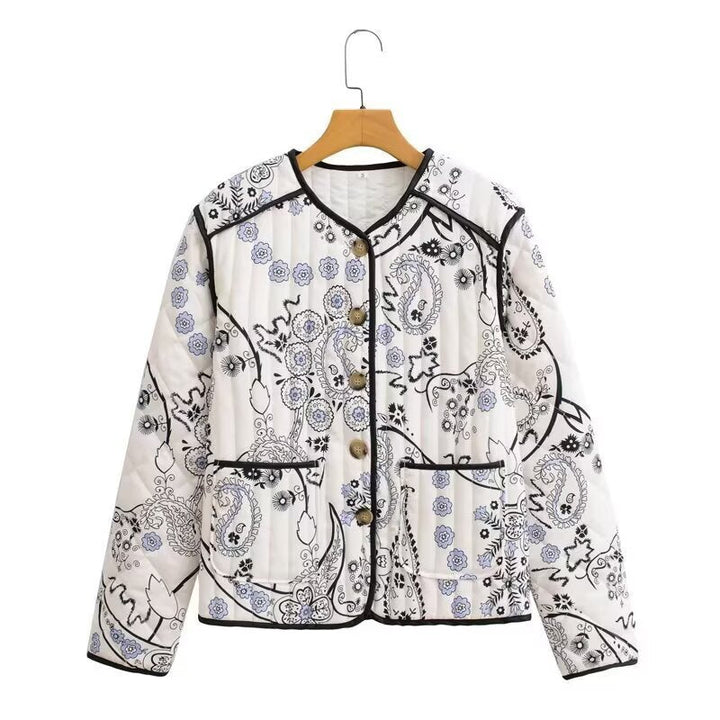 Women’s quilted jacket with ornamental embroidery and contrasting trim