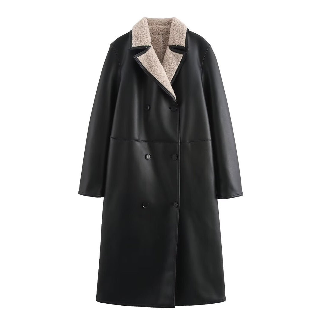 Women Faux Leather Coat with Teddy Lining and Double-Breasted Button Placket