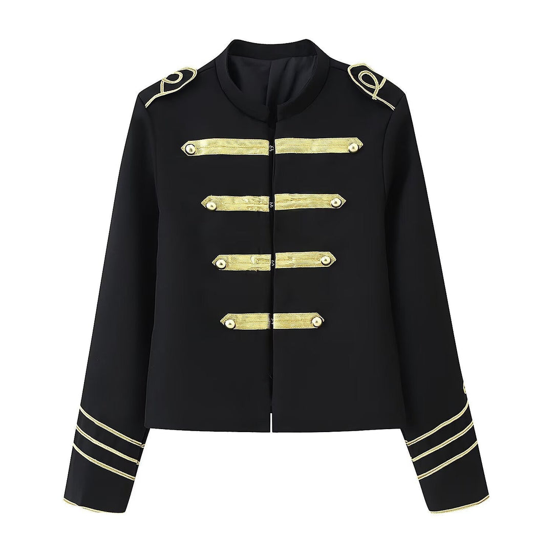 Ladies Cropped Military Jacket with Gold Embroidered Galloons and Stand-up Collar