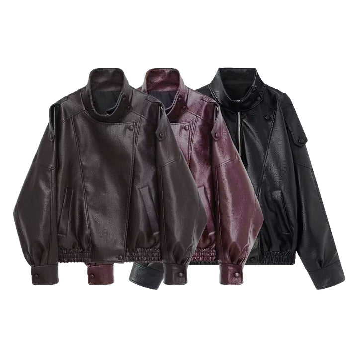 Women Oversized Faux Leather Biker Jacket with Asymmetric Lapel, Stand Collar, and Waist Drawstring