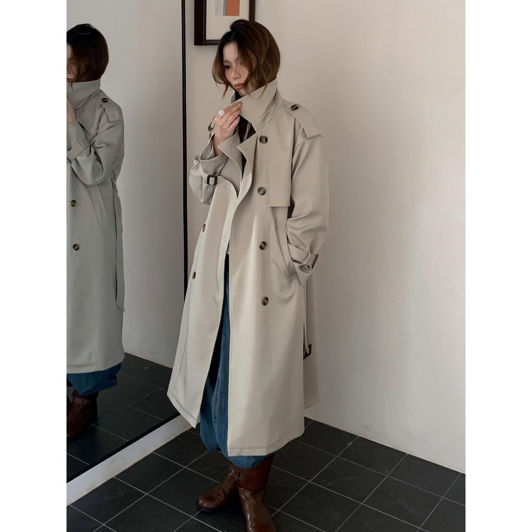 Women Long Trench Coat with High Collar, Double Storm Flap and Adjustable Cuffs