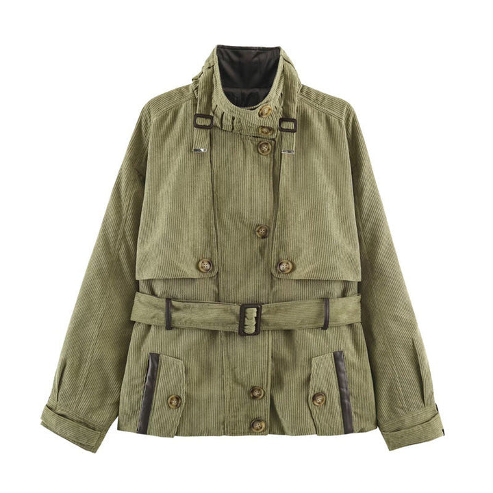 Women Short Cord Trench Coat with Waist Belt, Cape Detail and Stand Collar