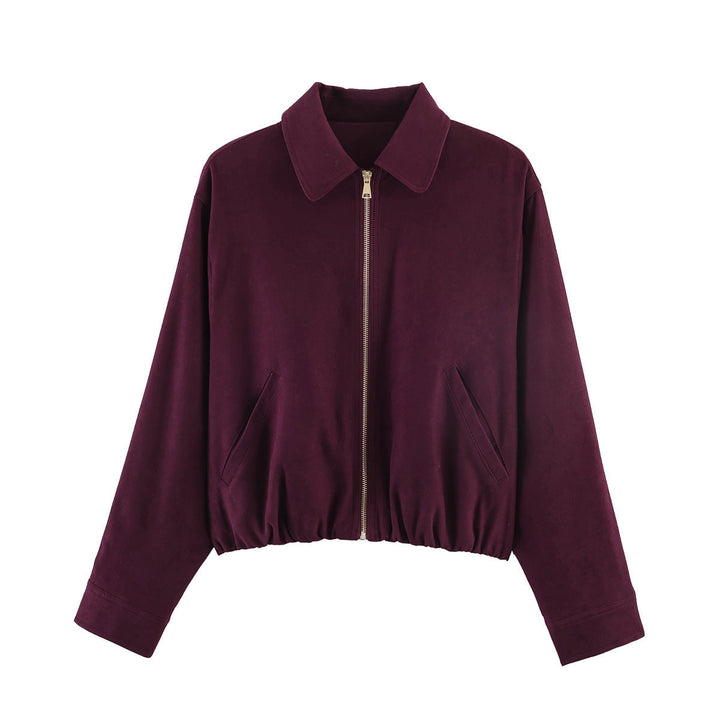 Women’s short-cut suede look bomber jacket with zip, elastic hem and diagonal side pockets