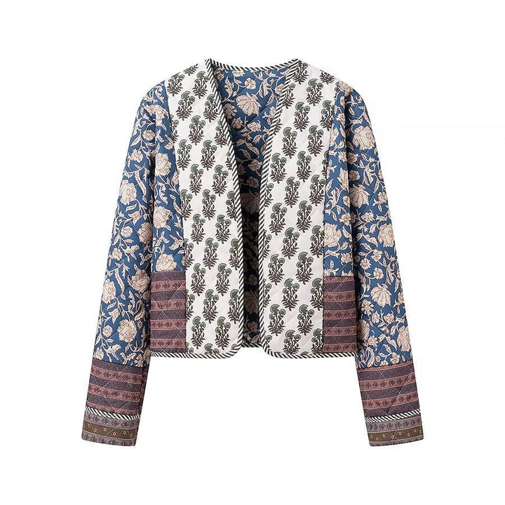 Women Quilted Short Jacket in Boho Patchwork Style with Open Front