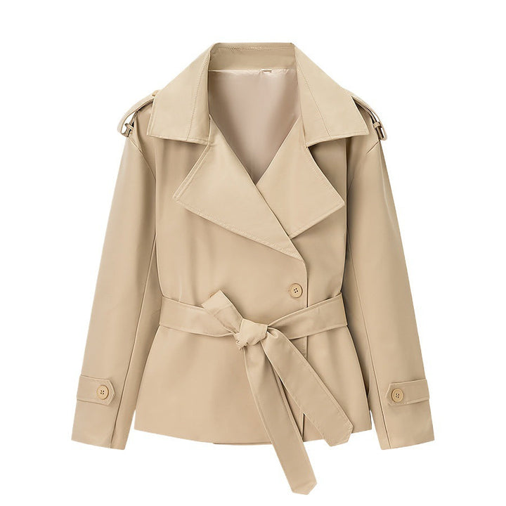 Women Short Trench Coat with dropped shoulders, large lapel collar and wrap belt
