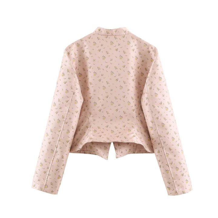 Women Cropped Satin Jacket in Military Style with Decorative Frog Trim