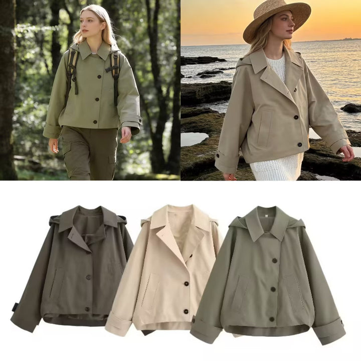 Women Short Oversized Trench Coat with Lapel Collar and Epaulettes