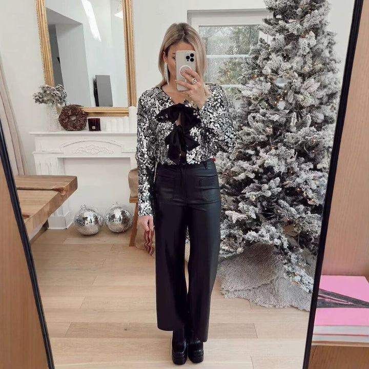 Women’s Short Jacket with Sequin Trim and Decorative Bow Front
