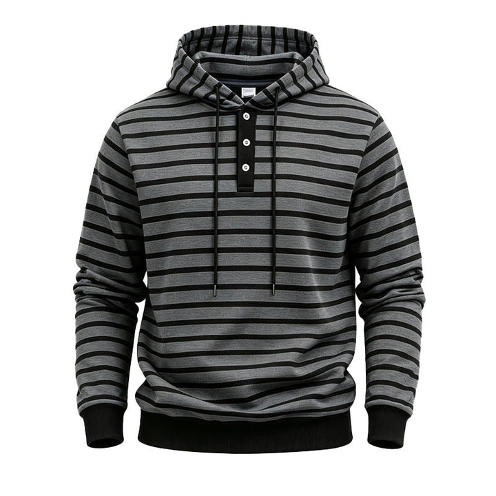 Men Striped Hoodie with Henley Placket, Drawstring and Ribbed Cuffs