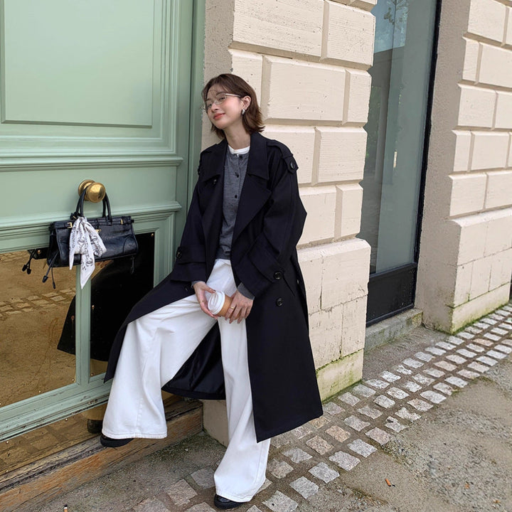 Women’s Long Trench Coat in Oversize Look with Belt and Shoulder Patches