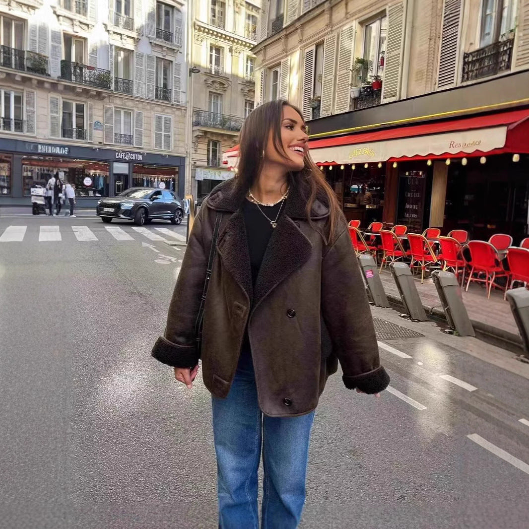 Women Short Jacket in Lambskin Look with Teddy Lining and Button Placket