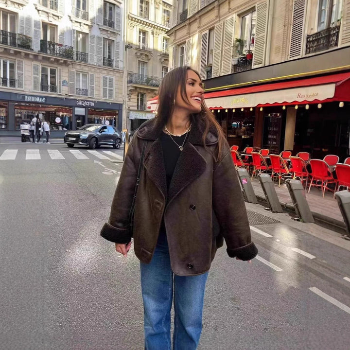Women Short Jacket in Lambskin Look with Teddy Lining and Button Placket