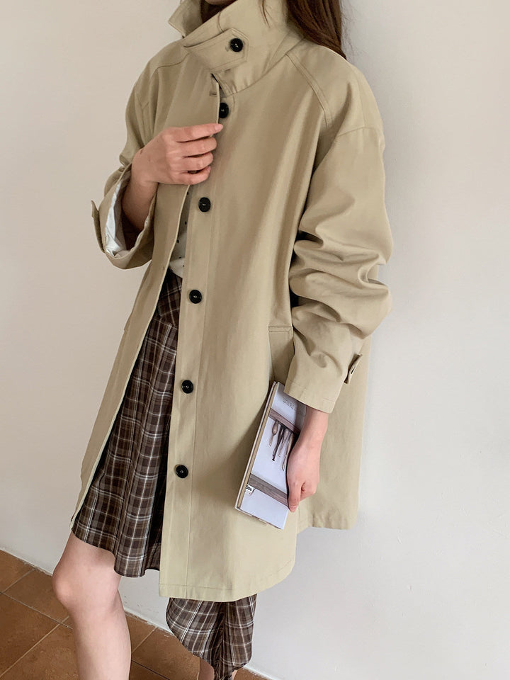 Women Boxy Short Coat with High Stand Collar Visible Button Closure and Side Pockets