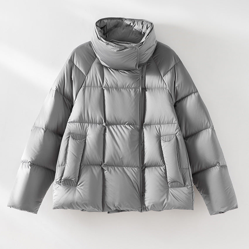 Women Short Boxy Puffer Jacket with High Stand Collar and Raglan Sleeves