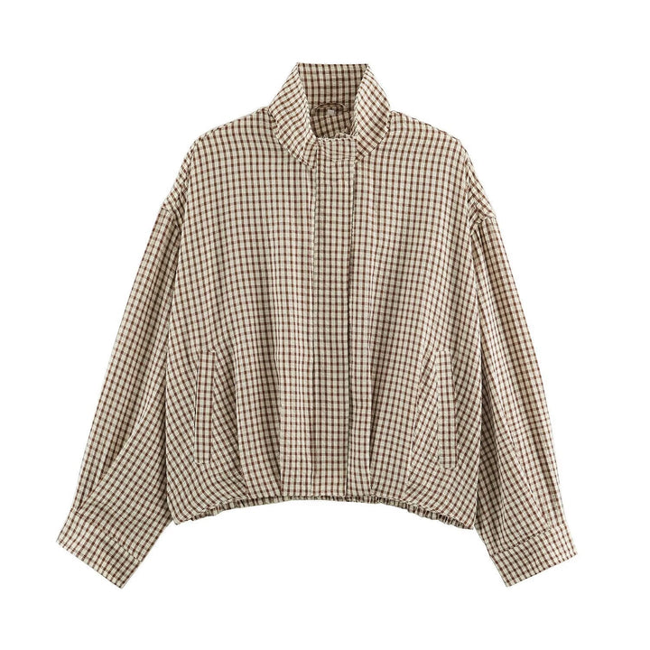 Women Oversize Checkered Blouson Jacket with Stand-up Collar